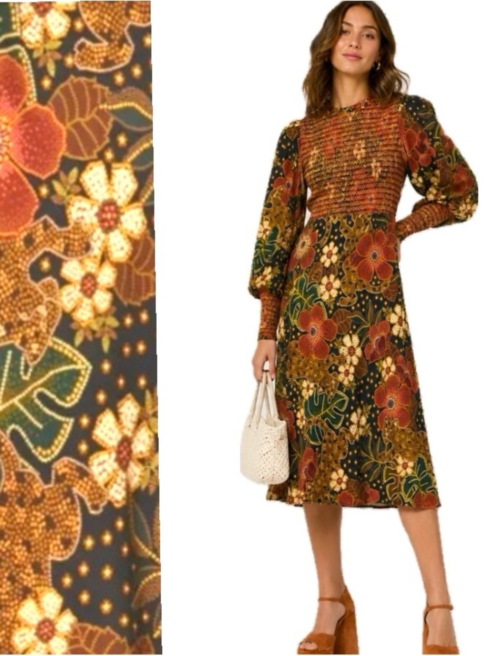 FARM Rio, Smocked Floral Animal Midi Dress, Small EUC